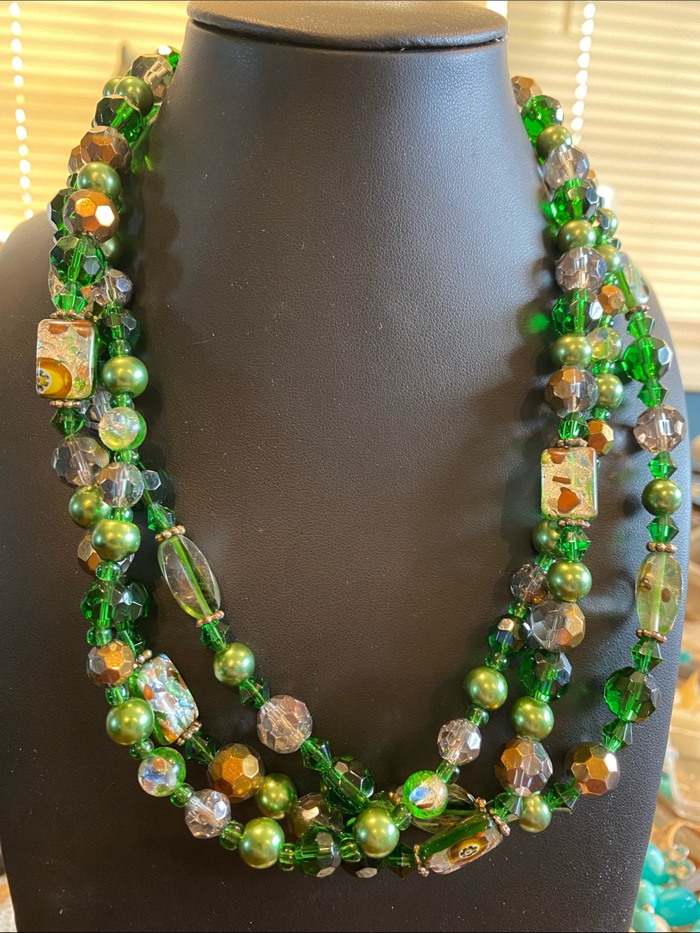 Green Multi-Strand Art Glass Beaded Necklace - Unbranded